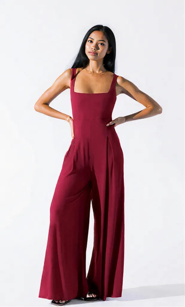 Square Neck Wide Strap Jumpsuit Burgundy