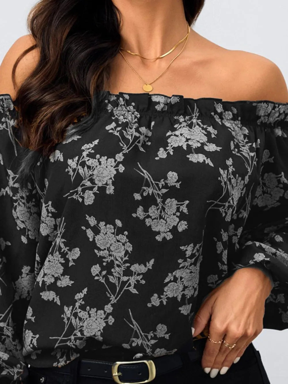 Printed Off-Shoulder Balloon Sleeve Blouse