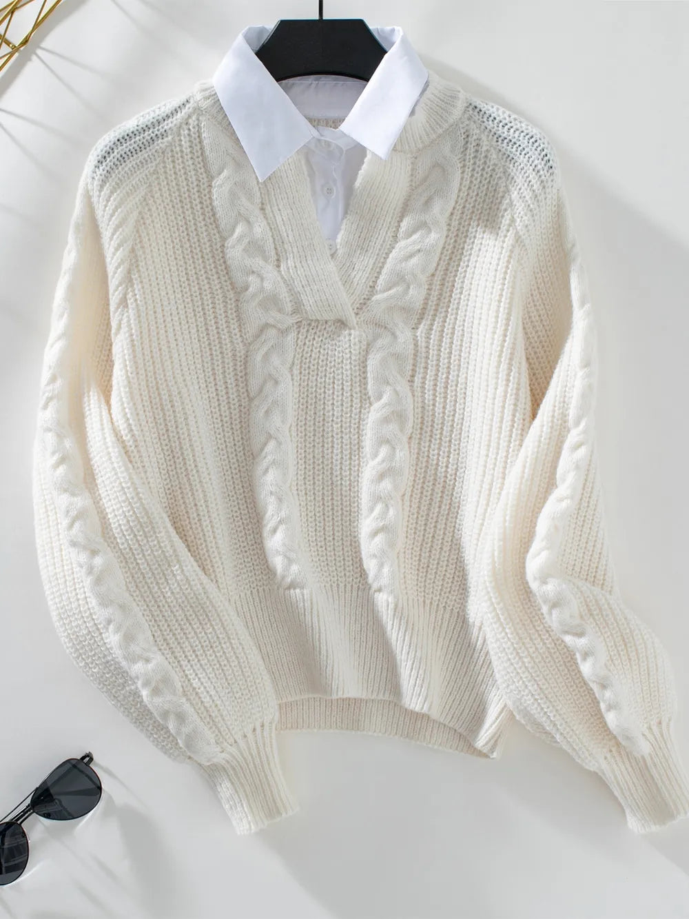 Cable-Knit Collared Neck Faux Layered Sweater Cream