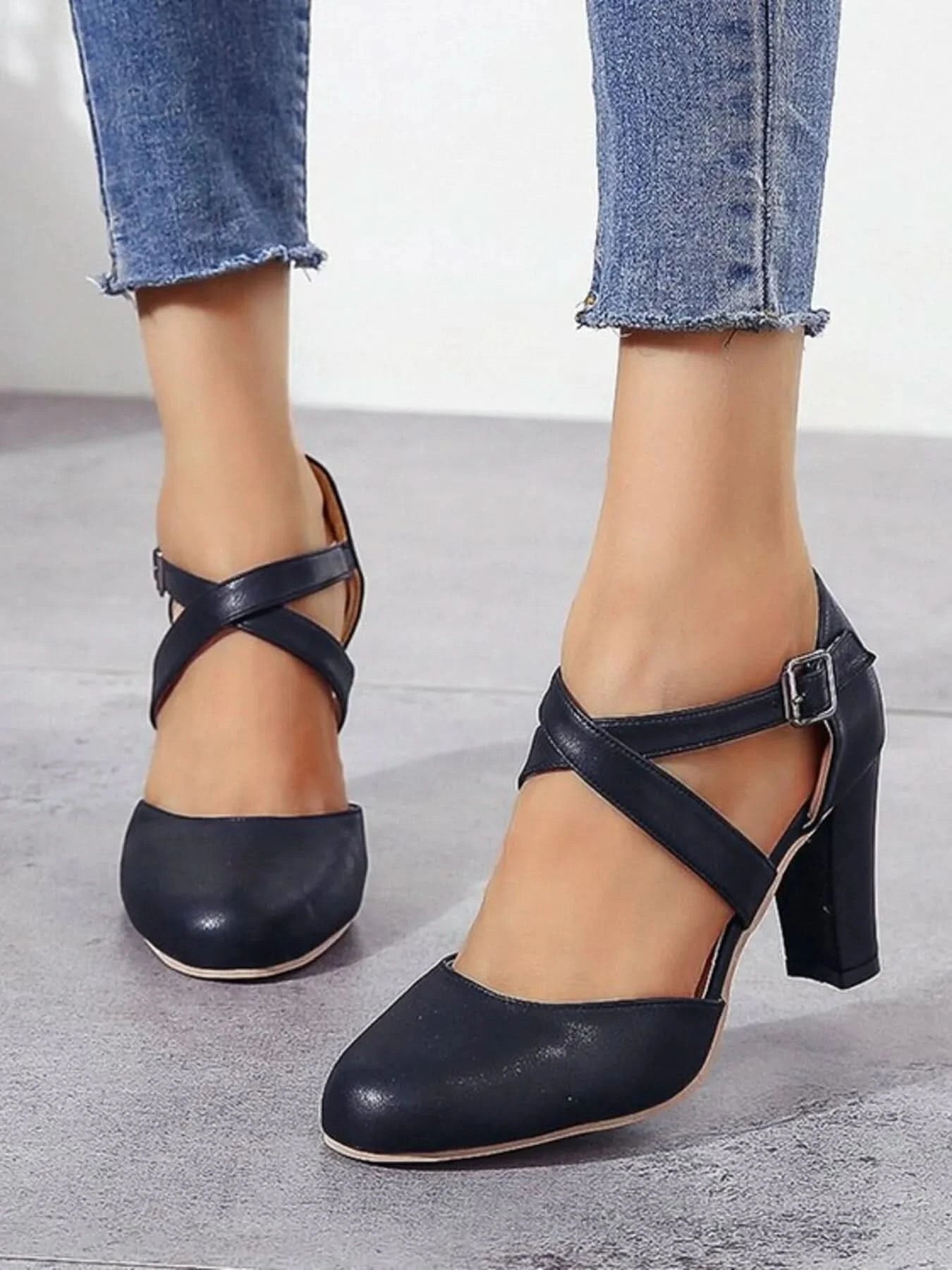 Cross-Strap Block Heel Pumps Black