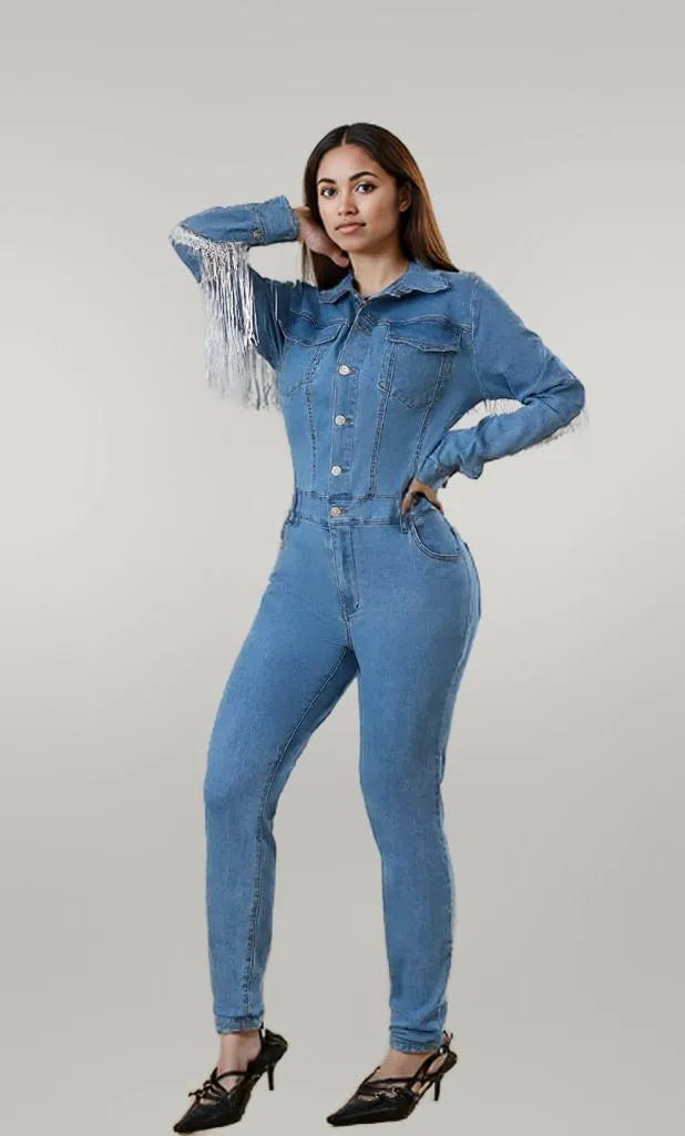Fringe Half Button Long Sleeve Denim Jumpsuit Medium