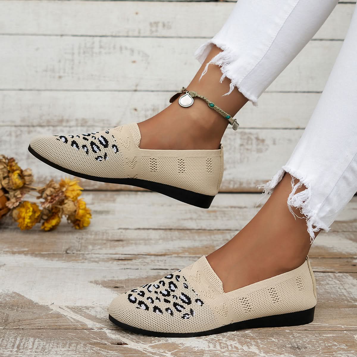 Leopard Mesh Round Toe Flat Slip-Ons Beige