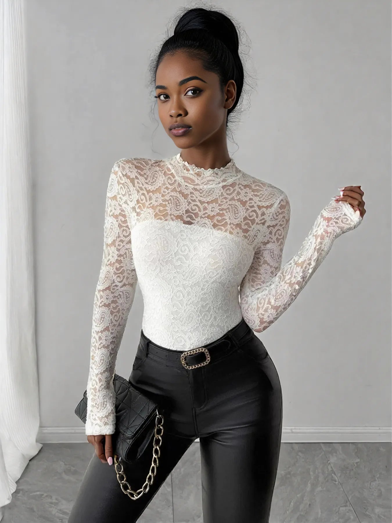 Zip Back Long Sleeve Lace Top