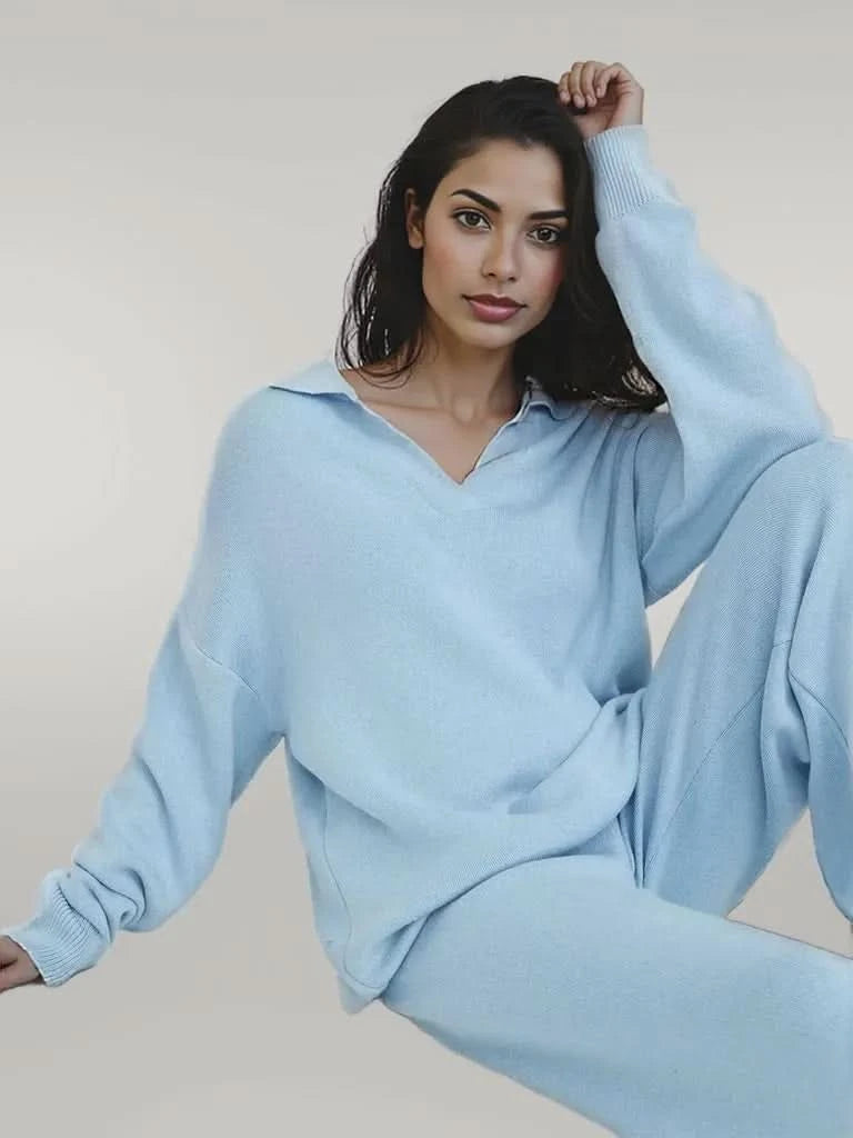 Johnny Collar Long Sleeve Top and Pants Sweater Set Light Blue One Size