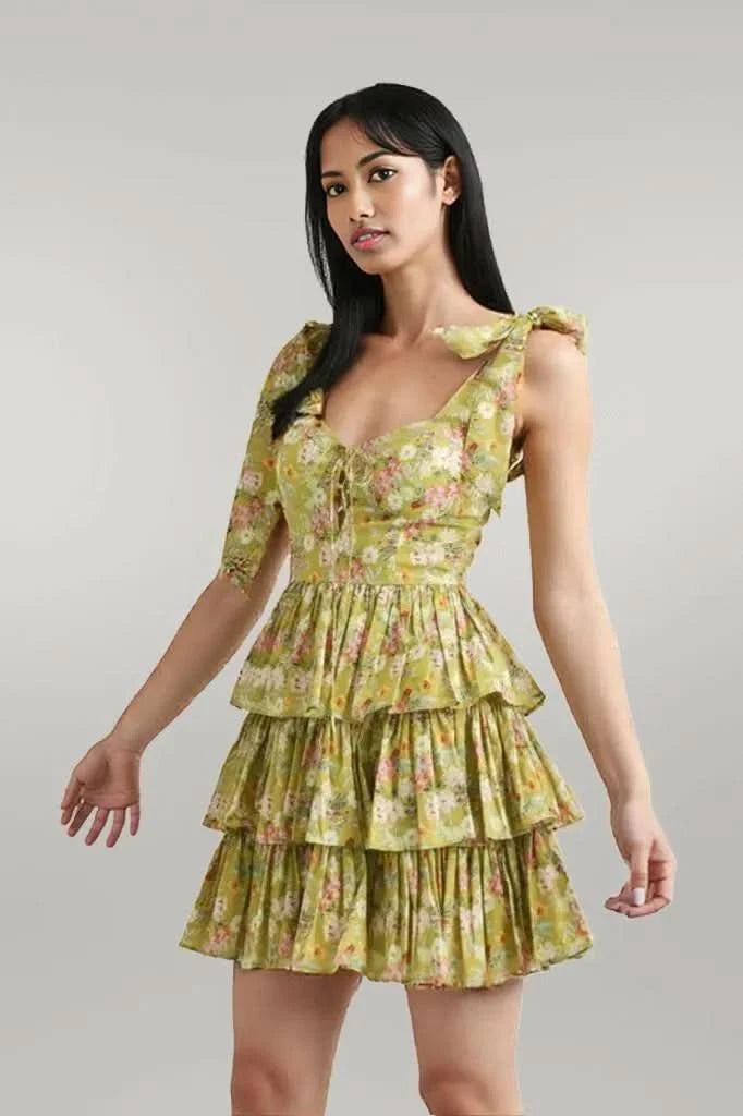 MABLE Floral Print Shoulder Tie Layered Mini Dress