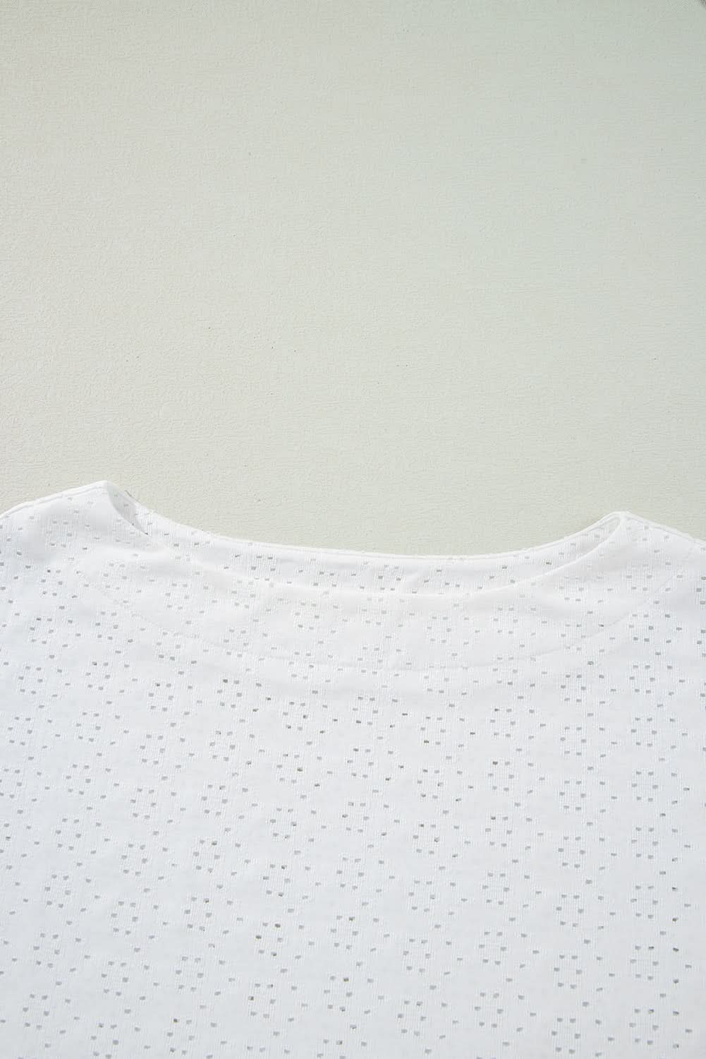 White Eyelet Pattern Boat Neck Casual Tee White 97%Polyester+3%Elastane