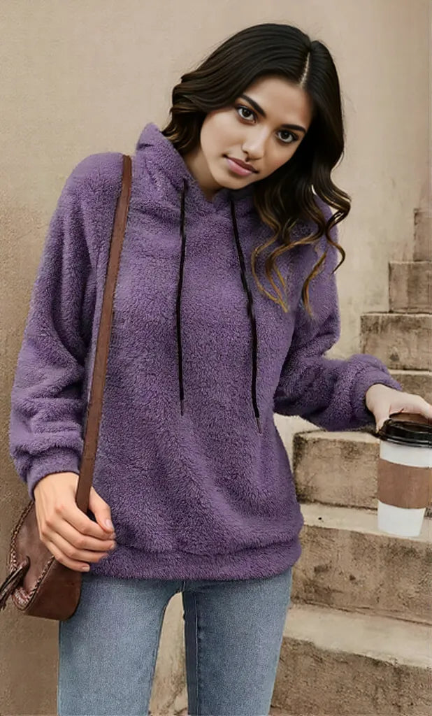 Drawstring Long Sleeve Fuzzy Hoodie