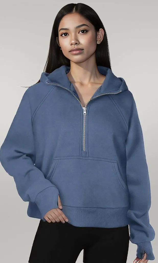 Half-Zip Hoodie with Kangaroo Pocket Gray Blue