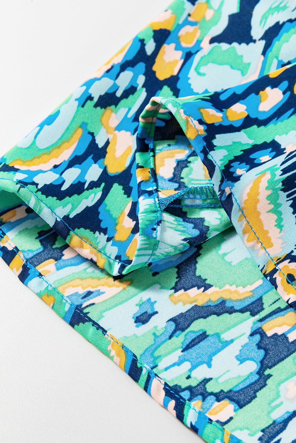 Pink Abstract Print Puff Sleeve V Neck High Waist Romper Green 100%Polyester