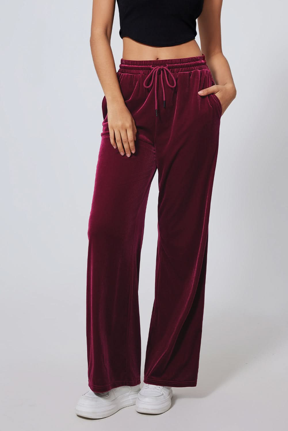 Black Solid Drawstring Waist Wide Leg Pants Burgundy 95%Polyester+5%Elastane