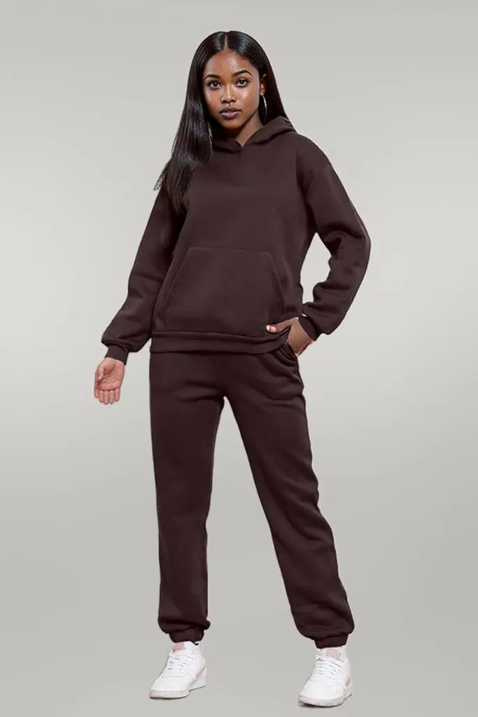 Drop Shoulder Long Sleeve Hoodie and Pants Set Chocolate