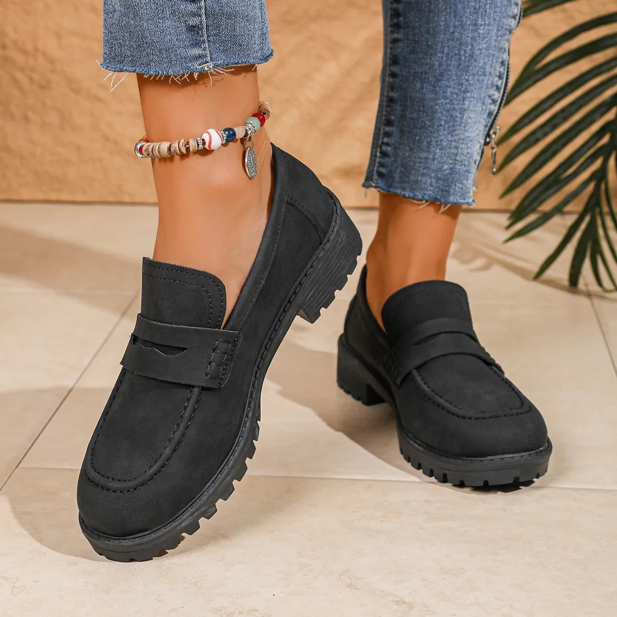Round Toe Block Heels Loafers Black