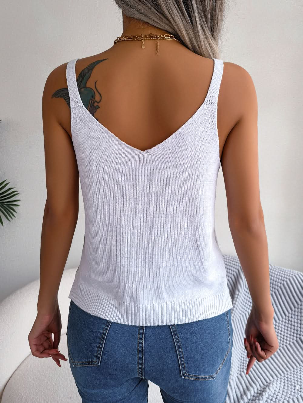 Openwork Scoop Neck Knit Tank Top White