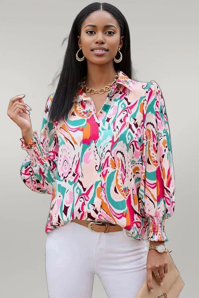 Printed Puff Sleeve Collared Blouse