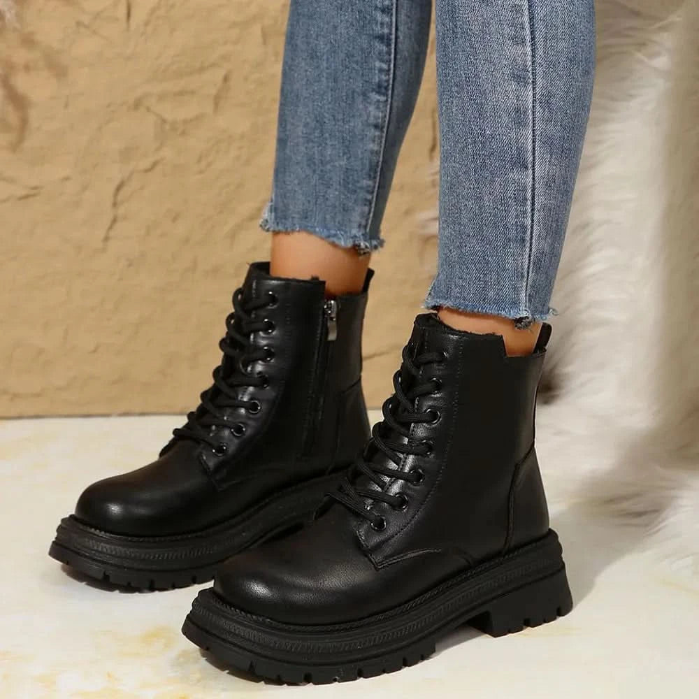 Lace Up Platform Boots with Side Zip Black