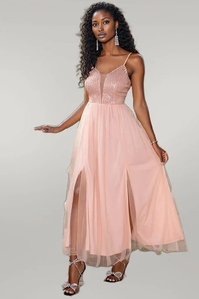 Spaghetti Strap Slit Mesh Dress Blush Pink