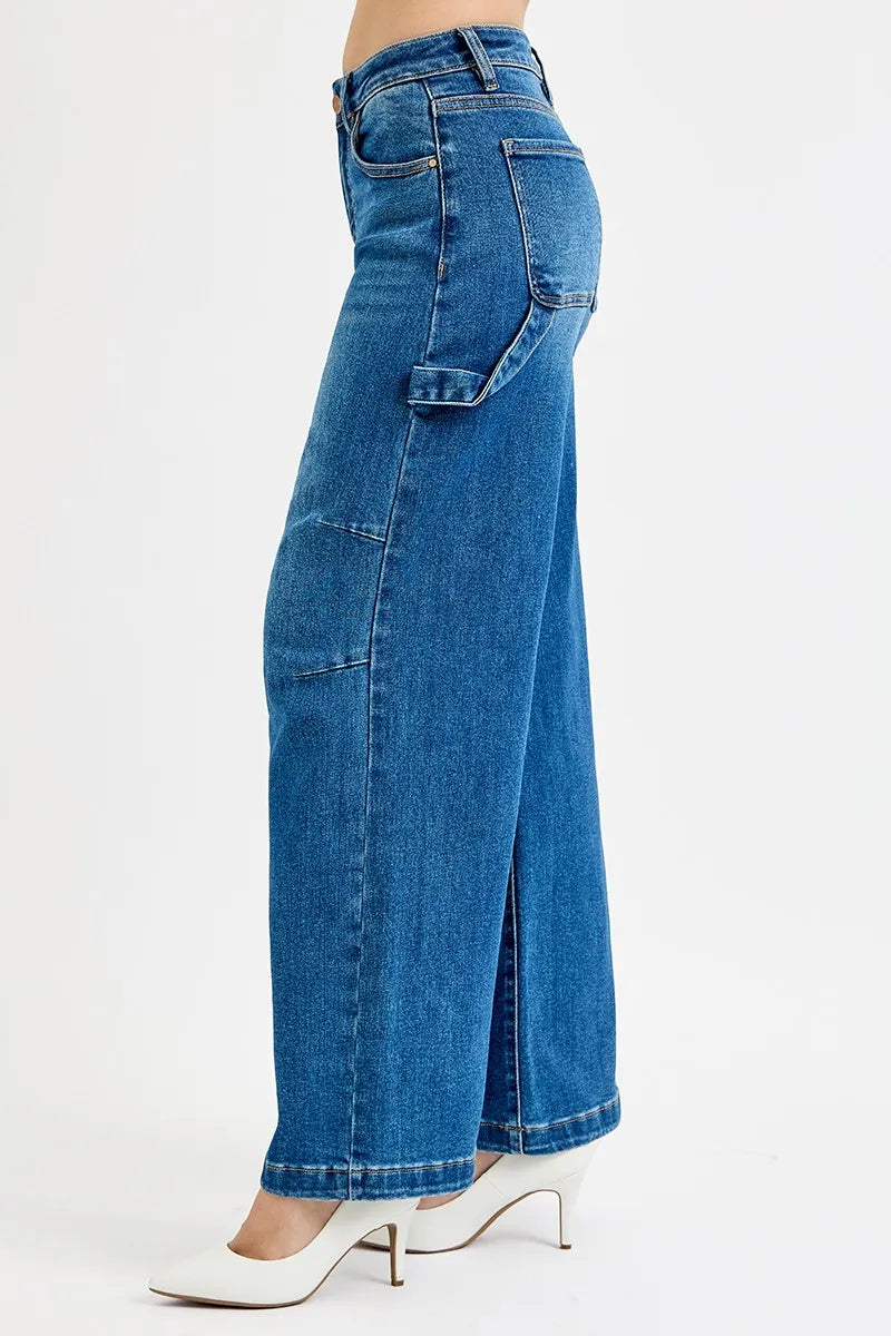 RISEN Full Size High Rise Wide Leg Patch Detailed Jeans