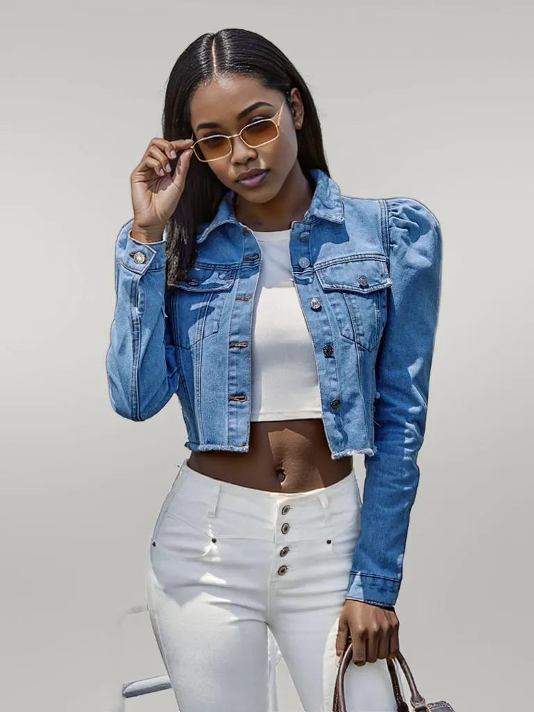 Button Down Raw Hem Cropped Denim Jacket Light