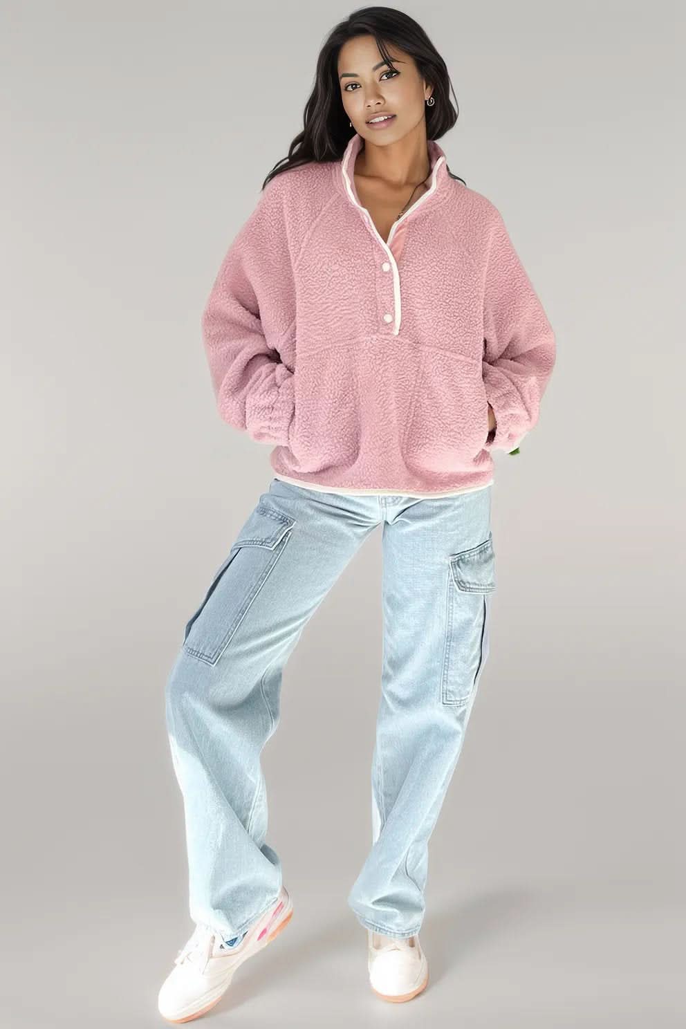 Half Snap Long Sleeve Sweatshirt with Side Slit Pockets