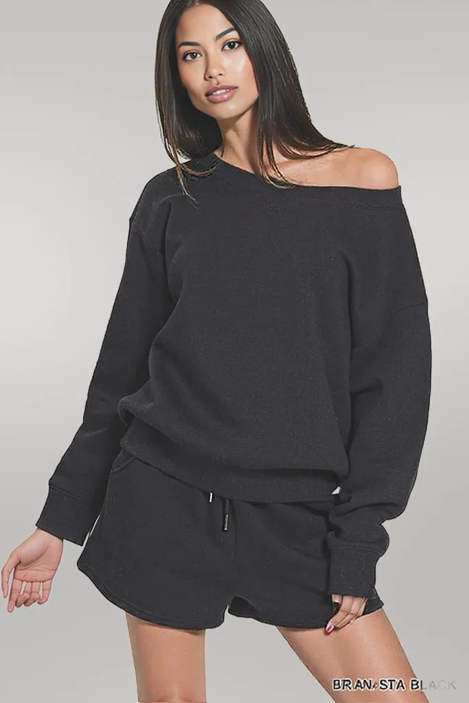 Zenana Fleece Boat Neck Sweatshirt and Shorts Set BLACK
