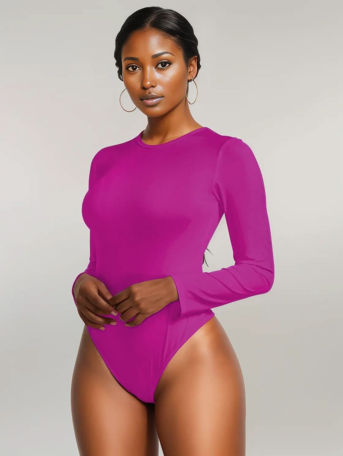 Round Neck Long Sleeve Bodysuit Hot Pink