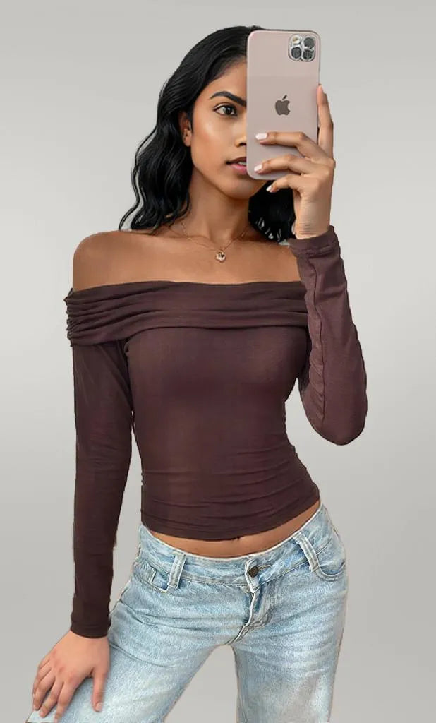 Off-Shoulder Long Sleeve Fitted T-Shirt Brown