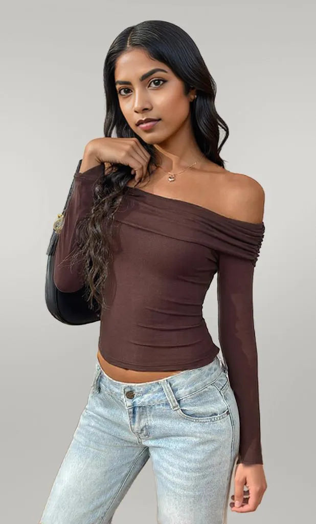 Off-Shoulder Long Sleeve Fitted T-Shirt