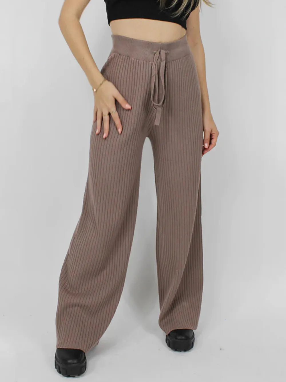 Ribbed Wide Leg Sweater Pants Taupe
