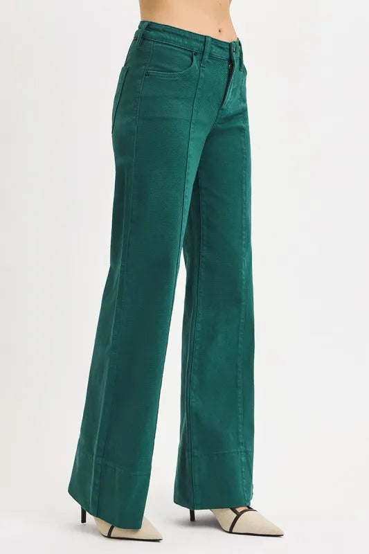 RISEN Full Size Tummy Control Mid Rise Wide Leg Jeans HUNTER GREEN