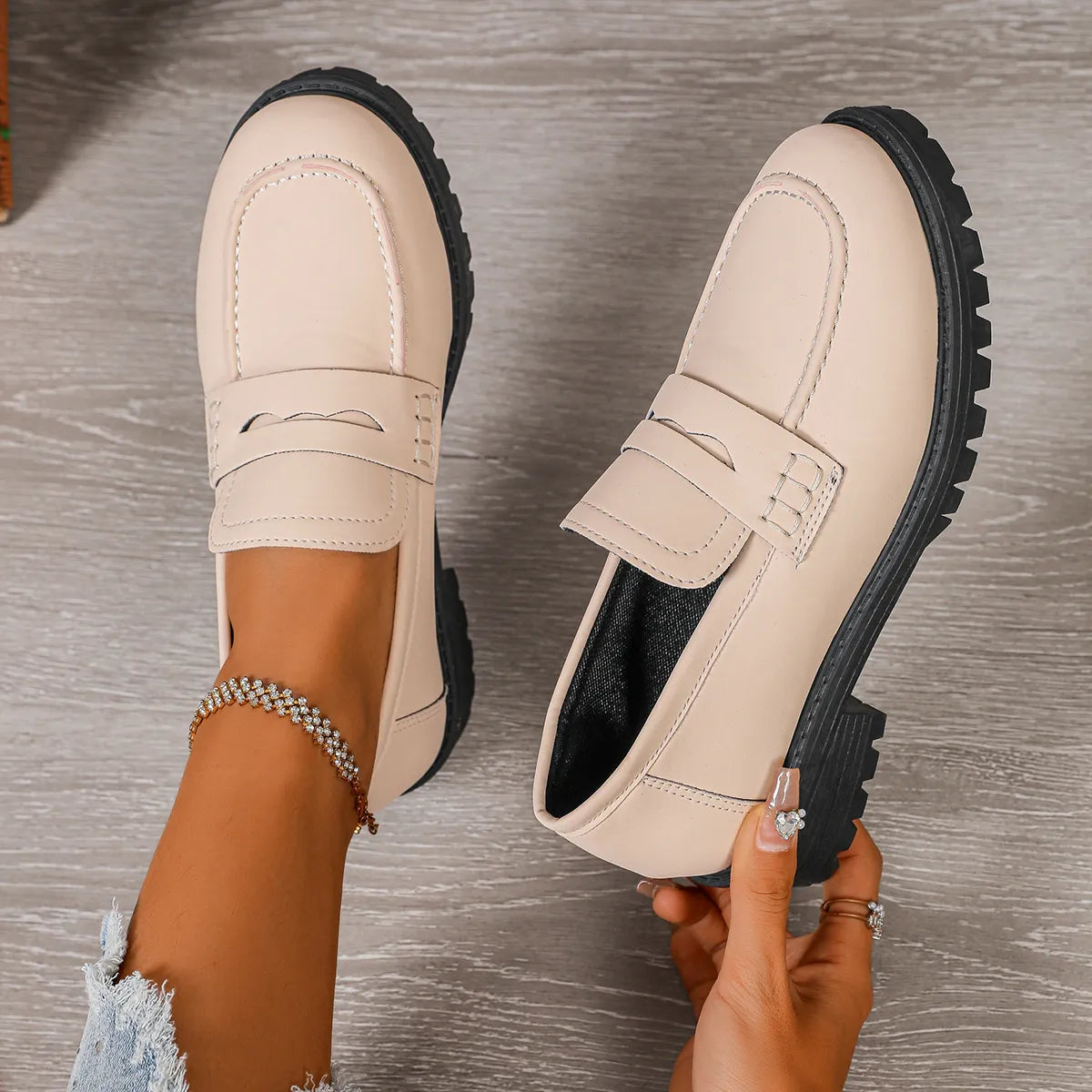 Round Toe Block Heels Loafers Beige