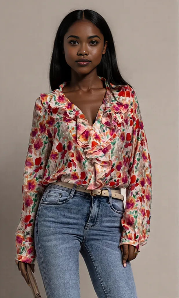 Floral Print Ruffle V-Neck Long Sleeve Blouse