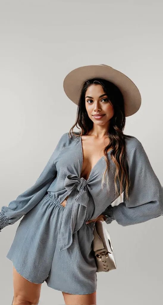 Tied Flounce Sleeve Plunge Romper