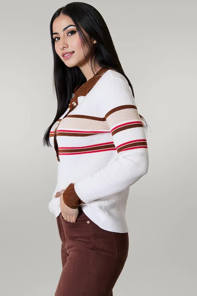 Basic Bae Striped Collared Neck Rib-Knit Top Beige