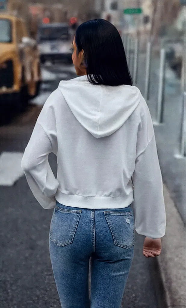 Letter Graphic Long Sleeve Drawstring Hoodie White