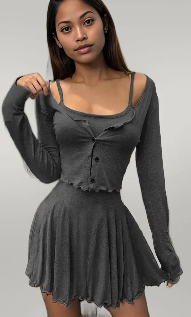 Long Sleeve Crop Top and Cami Dress Set Black