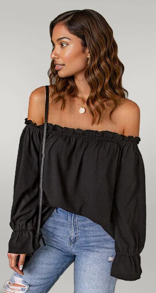 Off-Shoulder Flounce Sleeve Blouse Black