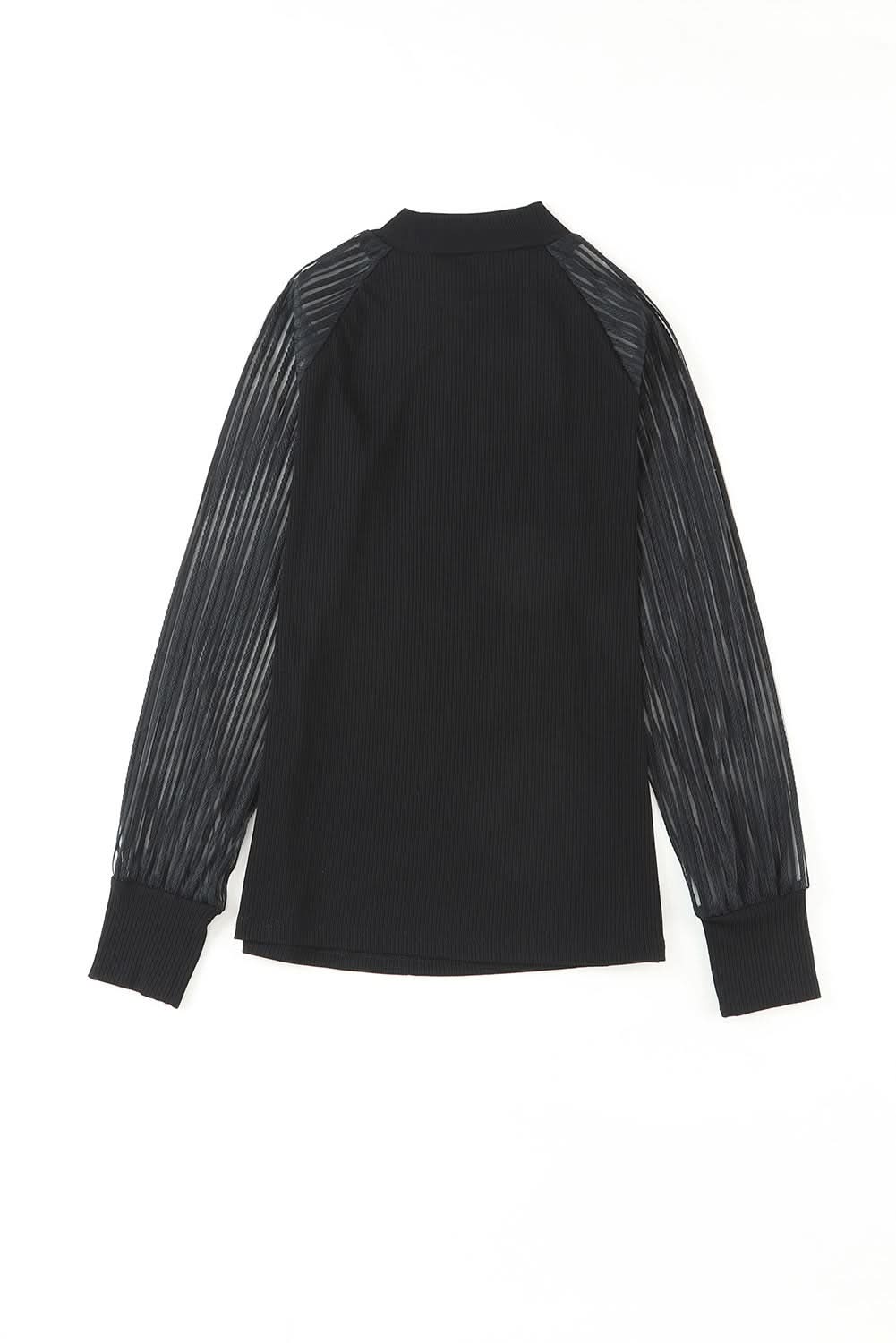 Black Striped Mesh Long Sleeve Crewneck Ribbed Top Black 93%Viscose+7%Elastane