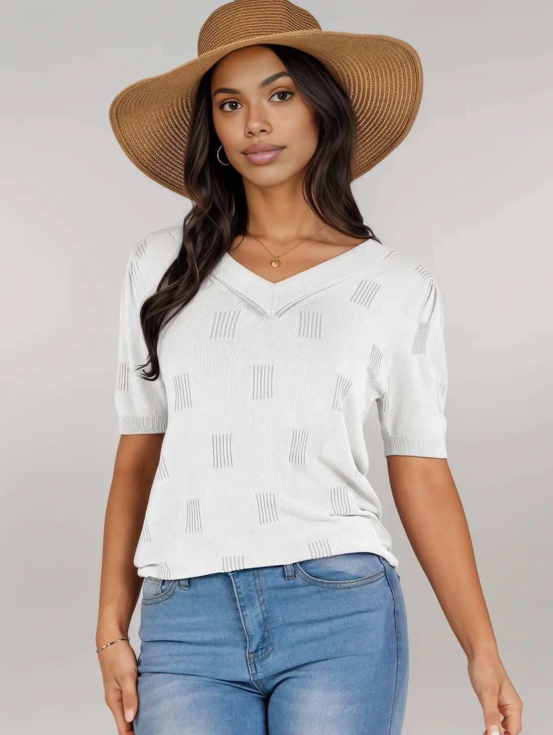 V-Neck Half Sleeve Knit Top White
