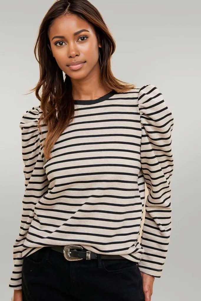 Annie Wear Striped Round Neck Puff Sleeve French Terry Top Black