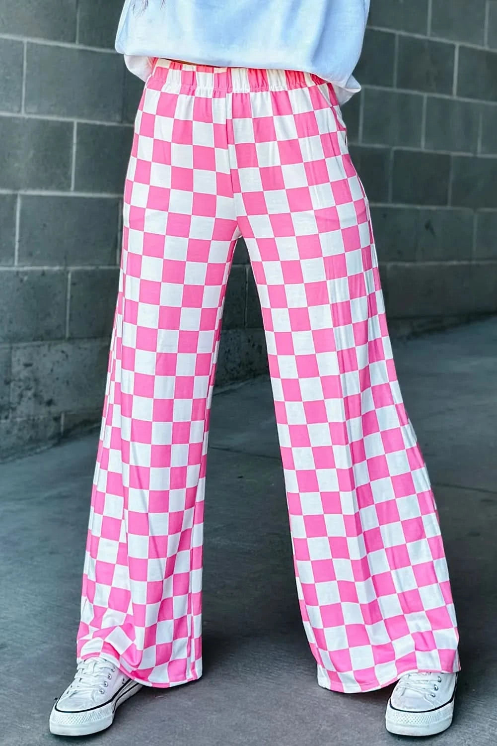 Checkered Wide Leg Pants Fuchsia Pink