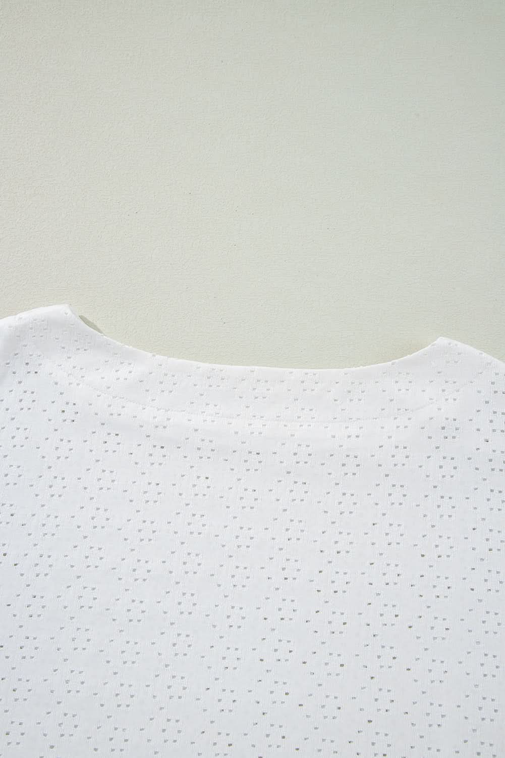 White Eyelet Pattern Boat Neck Casual Tee White 97%Polyester+3%Elastane
