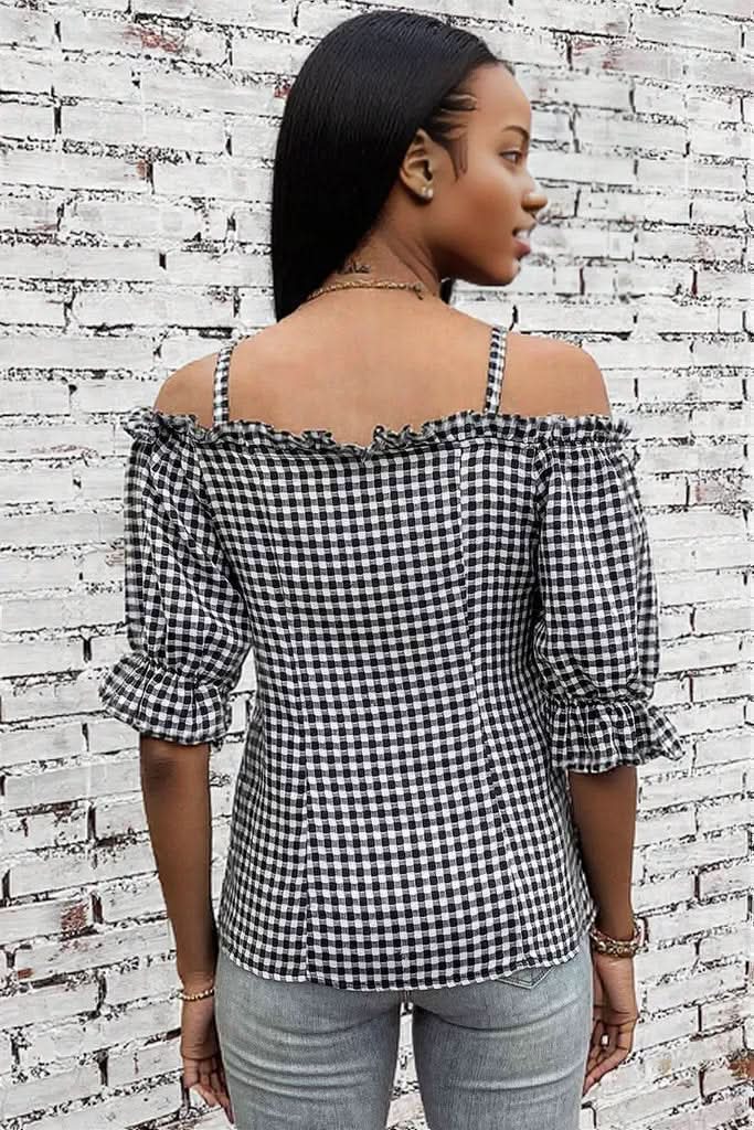Plaid Buttoned Sweetheart Neck Cold-Shoulder Top
