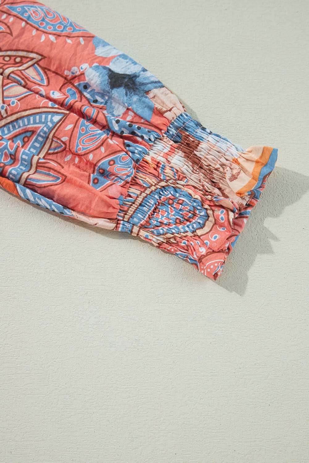 Orange Floral Print Shirred Cuff Buttoned Loose Shirt Orange 81%Viscose+19%Polyamide