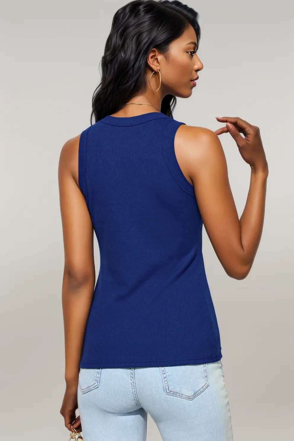 Blue Solid Round Neck Ribbed Tank Top
