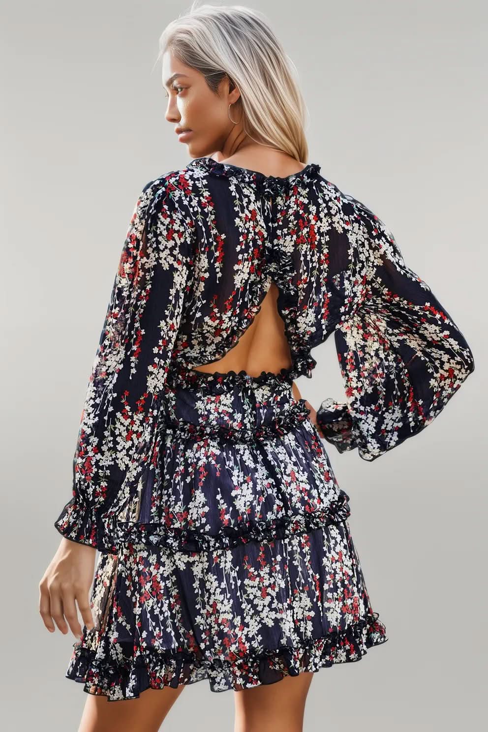 Blue Ruffle Detailing Open Back Floral Dress