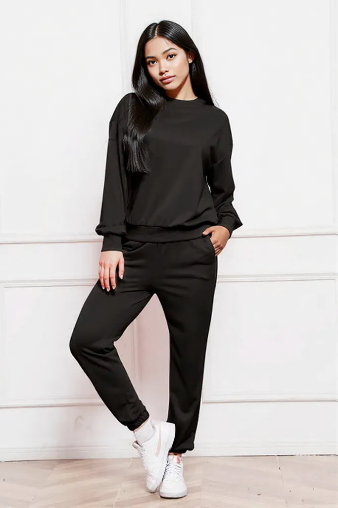 Round Neck Long Sleeve Sweatshirt and Pants Set Black
