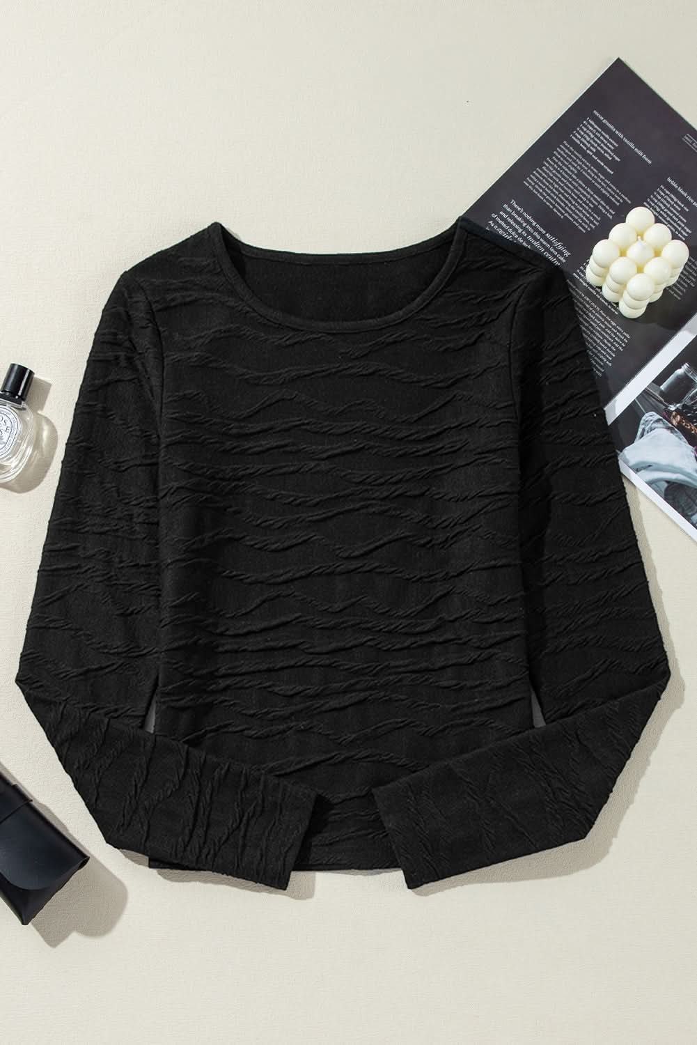 Black Solid Wavy Textured Slim Fit Long Sleeve Shirt