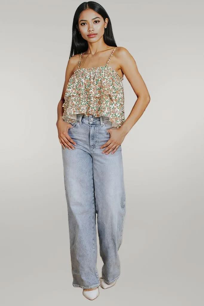 White Boho Floral Spaghetti Strap Ruffle Summer Tank Top