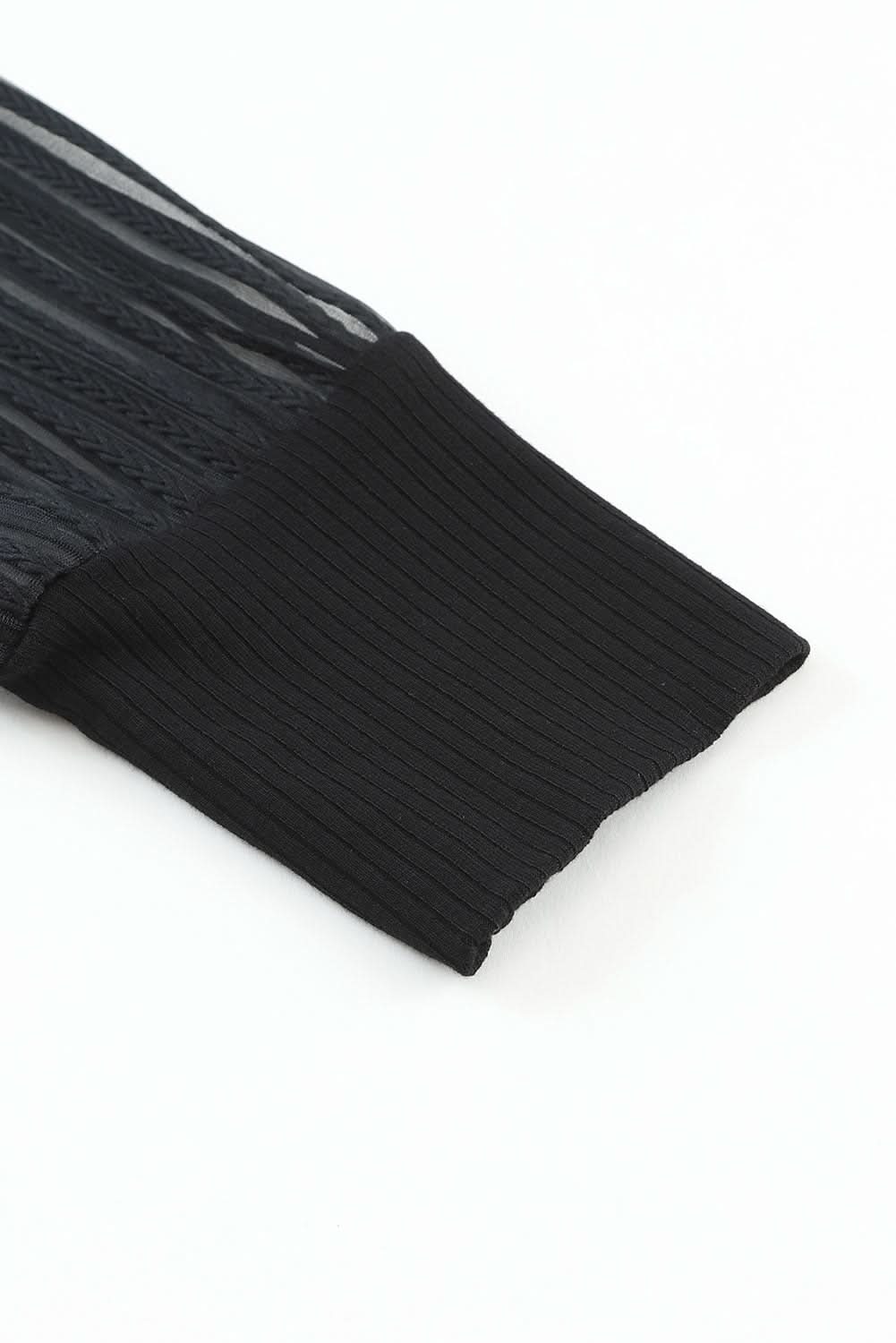 Black Striped Mesh Long Sleeve Crewneck Ribbed Top Black 93%Viscose+7%Elastane