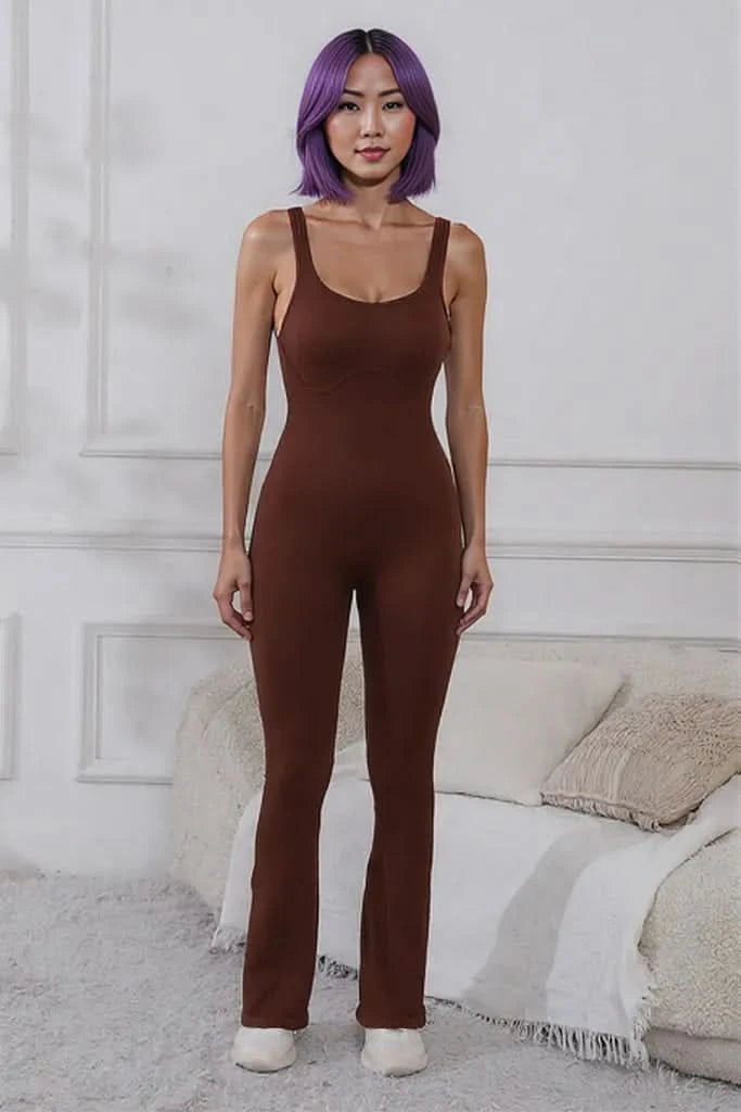 Scoop Neck Wide Strap Active Jumpsuit Brown